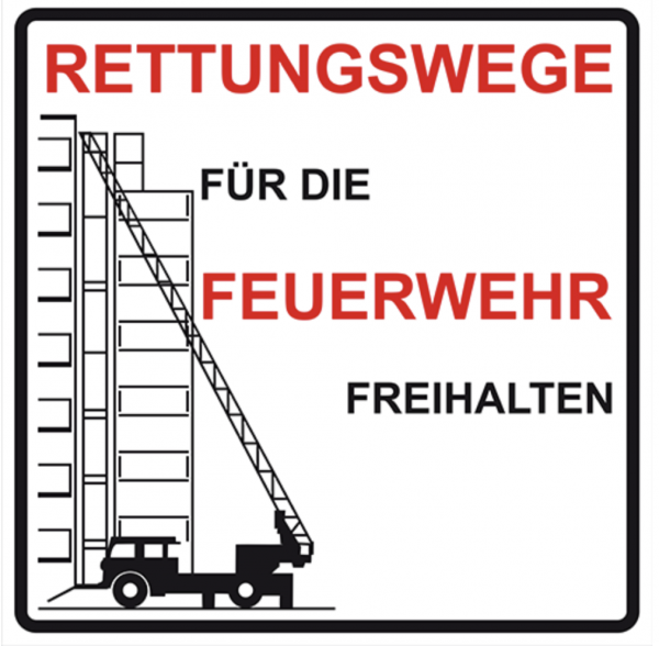 Rettungswege für die Feuerwehr freihalten mit Symbol Leiterwagen