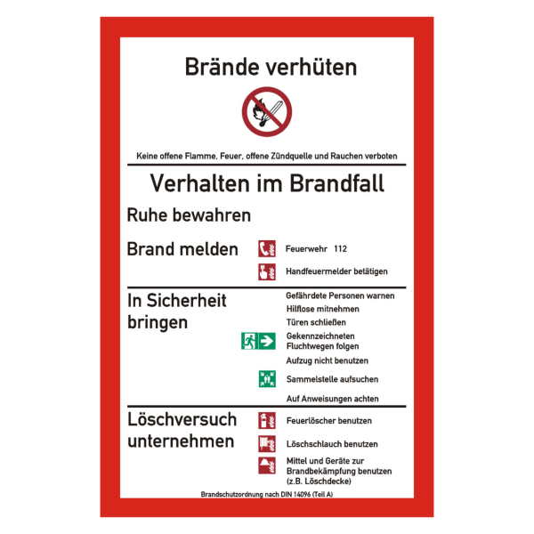 Brandschutzordnung nach ISO 7010/ DIN 14096-1 (Teil A)