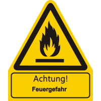 Warnkombischild Text: "Achtung! Feuergefahr" und Symbol nach ISO 7010