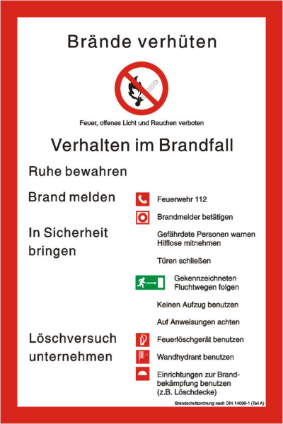 Brandschutzordnung nach BGV A8 / DIN 14096-1 (Teil A)